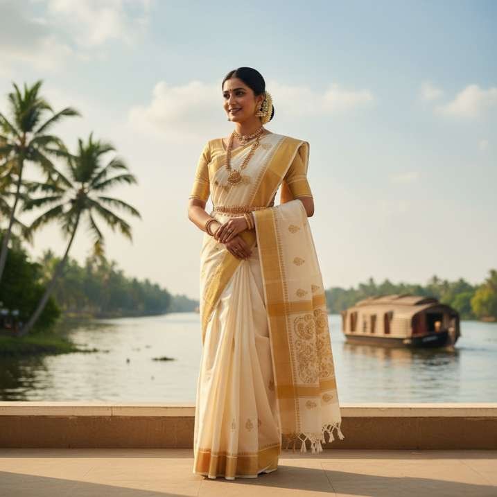 A women wearing the beautiful worked Kerala saree, Guess the Indian State by Its Costume