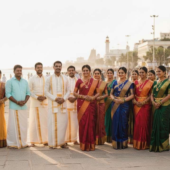 Men wear dhotis(Vesti) with gold embroidery and women wear Kanjeevaram silk sarees. Can You Identify the Indian State by Costume-Tamil Nadu