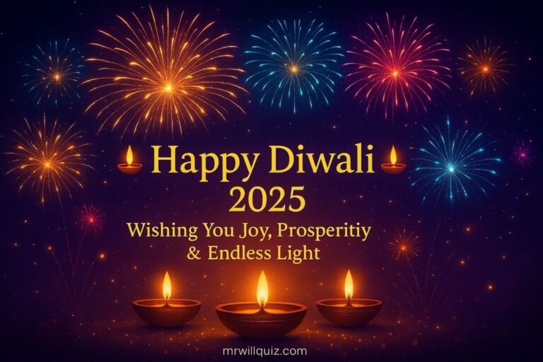 A bright, festive Diwali 2025 greeting card featuring colorful fireworks in the night sky above glowing diyas, with golden text reading “Happy Diwali 2025 – Wishing You Joy, Prosperity & Endless Light,” and subtle branding for mrwillquiz.com.