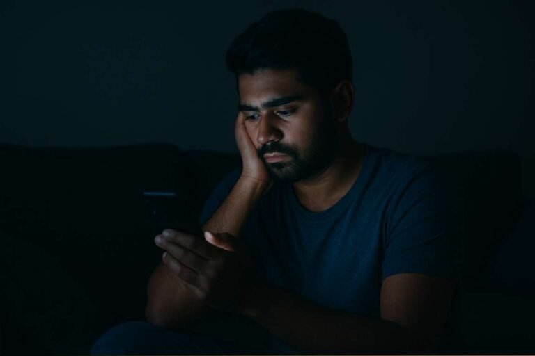 Person sitting in a dark room lit by smartphone glow, representing phone addiction and digital wellbeing awareness.