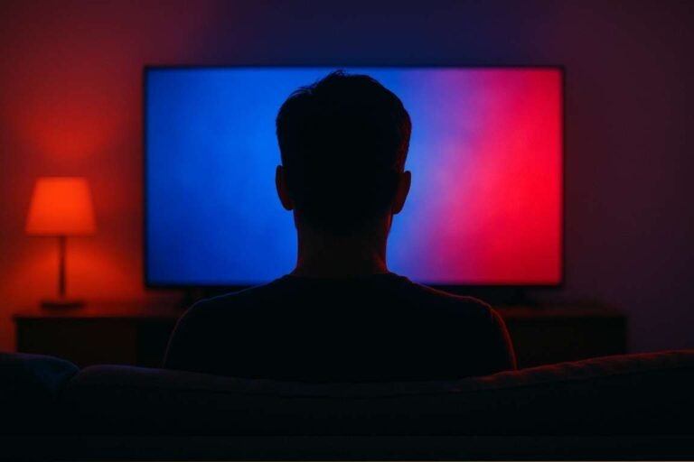 Person relaxing on a couch watching streaming content on TV with popcorn and cozy lighting.