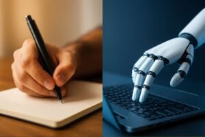 Human hand writing on paper beside a robotic hand typing on a keyboard, representing AI vs human creativity.