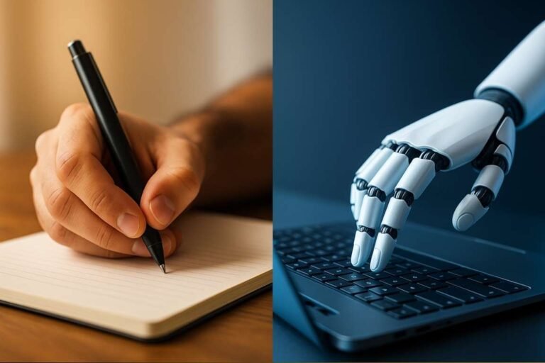 Human hand writing on paper beside a robotic hand typing on a keyboard, representing AI vs human creativity.
