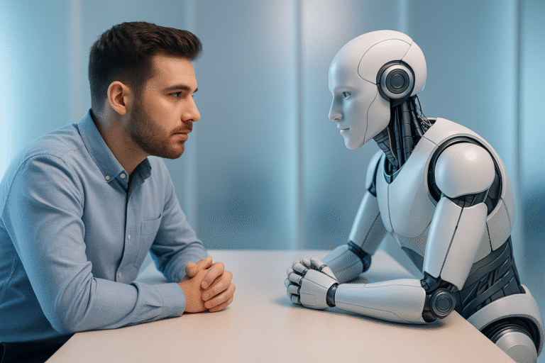 Human and AI robot sitting face to face in a friendly quiz or debate, representing human versus artificial intelligence