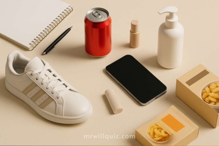 Realistic photo of global consumer products representing famous international and Indian brands without visible logos