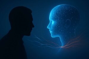 Human and AI facing each other in a glowing digital background representing an intelligence challenge.
