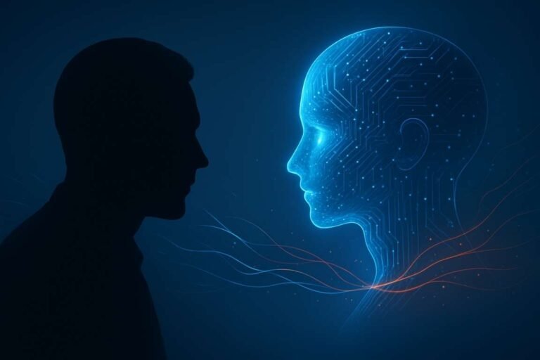 Human and AI facing each other in a glowing digital background representing an intelligence challenge.