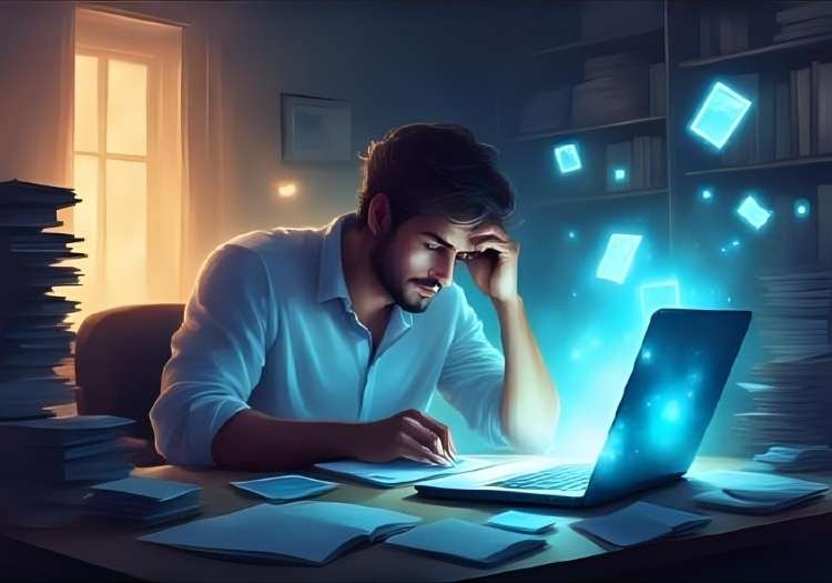 Person feeling mentally overwhelmed at a cluttered desk with a laptop and digital notifications, representing cognitive overload and information fatigue