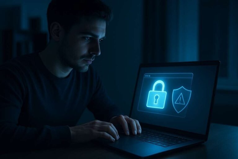 Person using a laptop with glowing lock icons representing cybersecurity and online safety awareness.