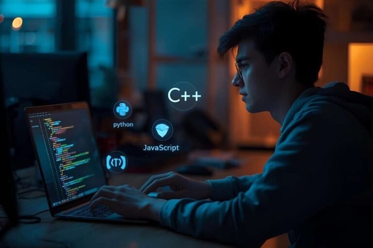 Person coding on a laptop surrounded by glowing programming language icons, representing a programming language personality quiz.
