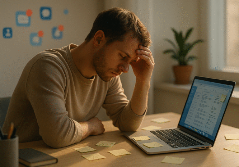 Person looking frustrated at a laptop surrounded by digital distractions, representing focus fragmentation.