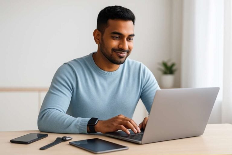 Person using multiple modern devices at a bright desk, representing digital intelligence and tech-savviness.