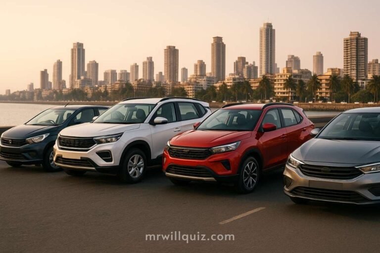 Realistic photo of modern Indian cars on a scenic road representing different Indian car brands.