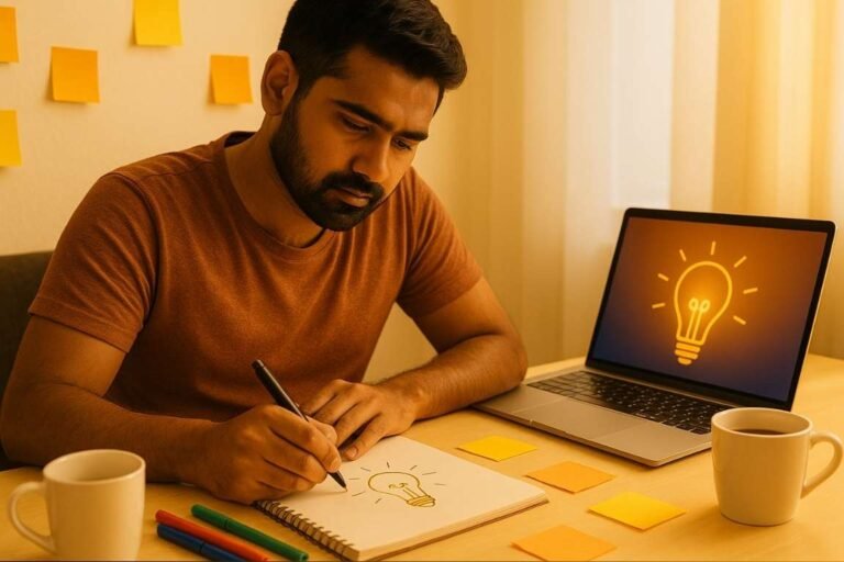 Person brainstorming creative ideas at a bright workspace, representing innovation, design thinking, and creative intelligence.