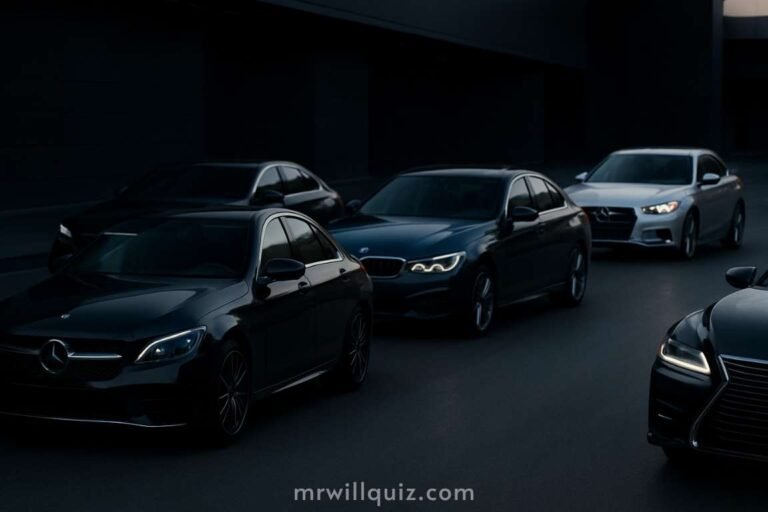 Realistic photo of luxury cars on a modern road, featuring premium vehicles without logos.