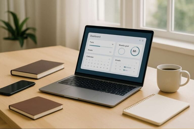 Modern minimalist workspace with a laptop and productivity setup representing digital workflow and organization.