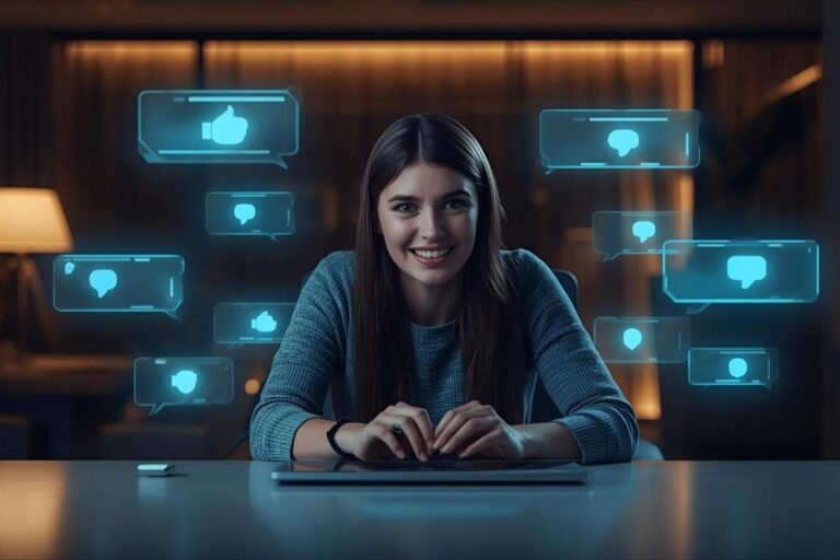 Person typing on a laptop surrounded by glowing AI chat prompts, representing different ChatGPT prompt styles and creativity