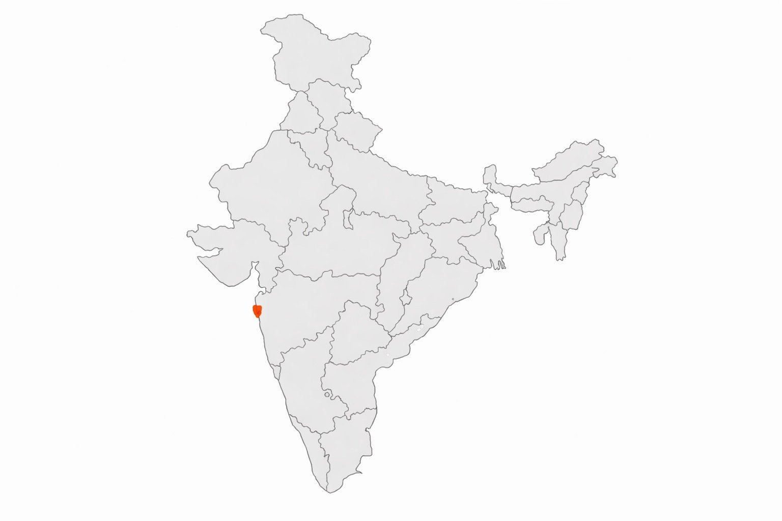 Blank political map of India, Goa highlighted in bright color on western coastline