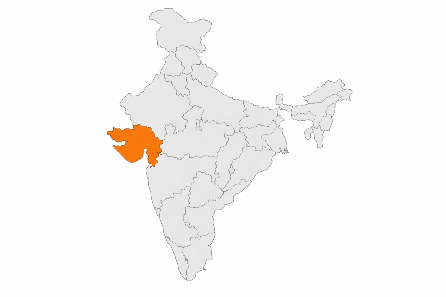 Blank political map of India, Gujarat highlighted in bold color in western India