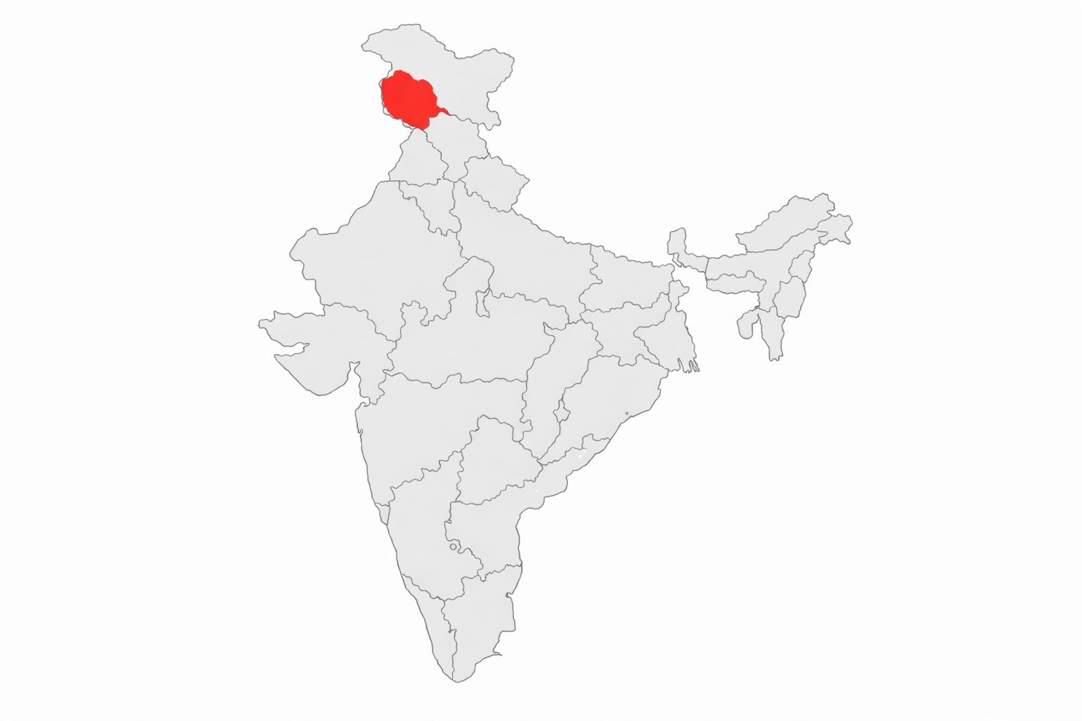 Blank political map of India, Himachal Pradesh highlighted in vivid color in northern Himalayan region