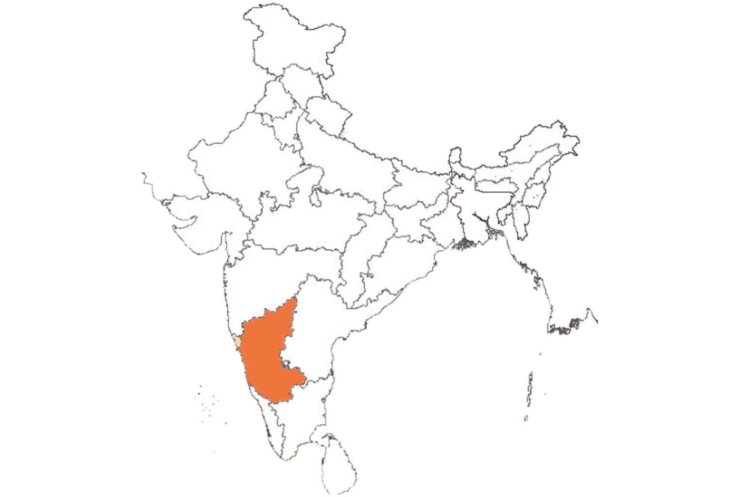 Blank political map of India, Karnataka highlighted in bright solid color in southern India