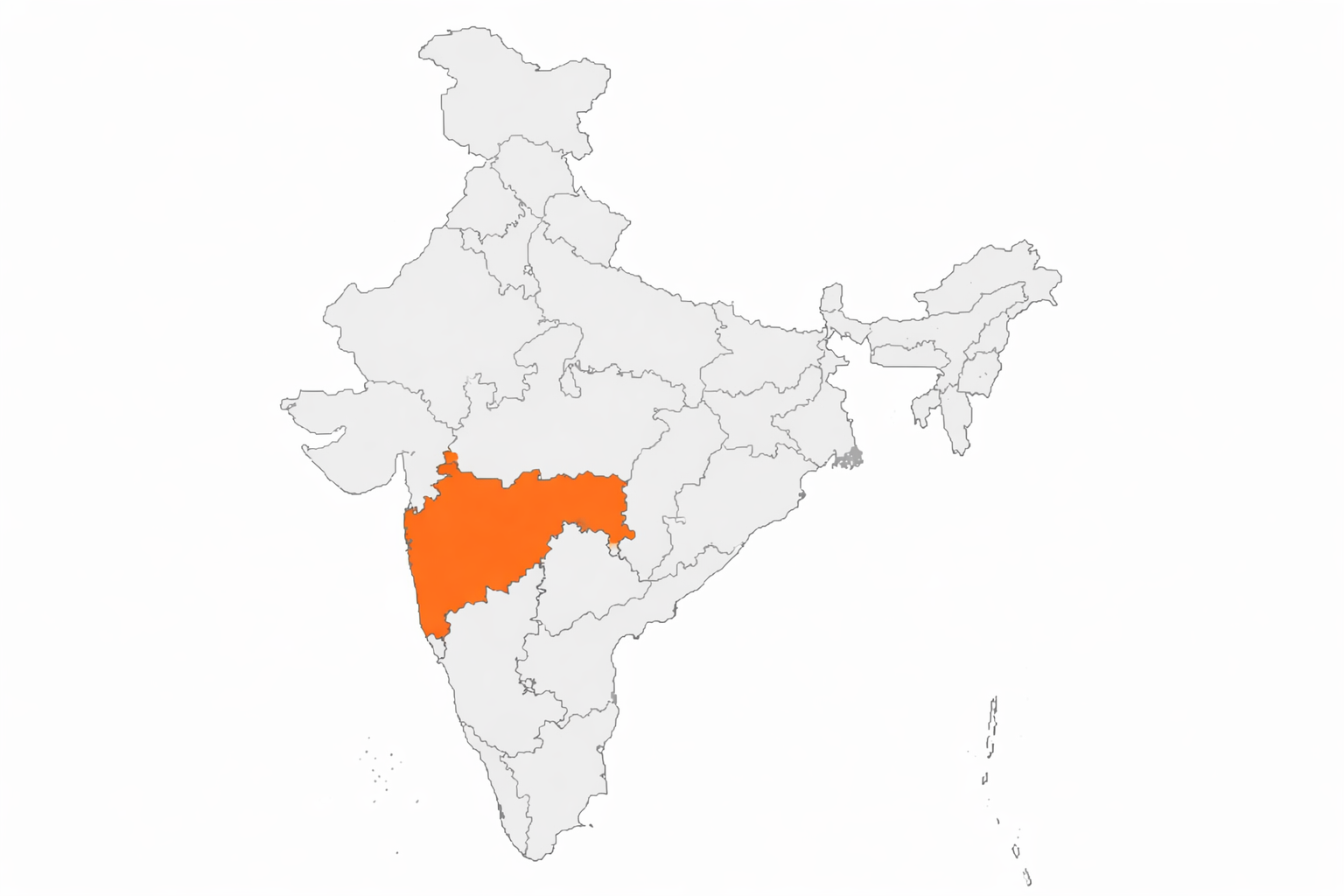 Blank political map of India, Maharashtra highlighted in bold color in western India