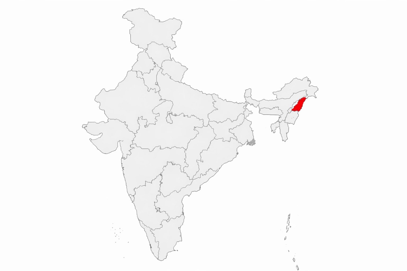 Blank political map of India, Manipur highlighted in bright color in northeastern region