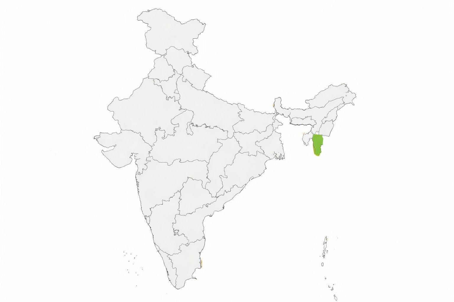 Blank political map of India, Mizoram highlighted in bright color in northeastern India