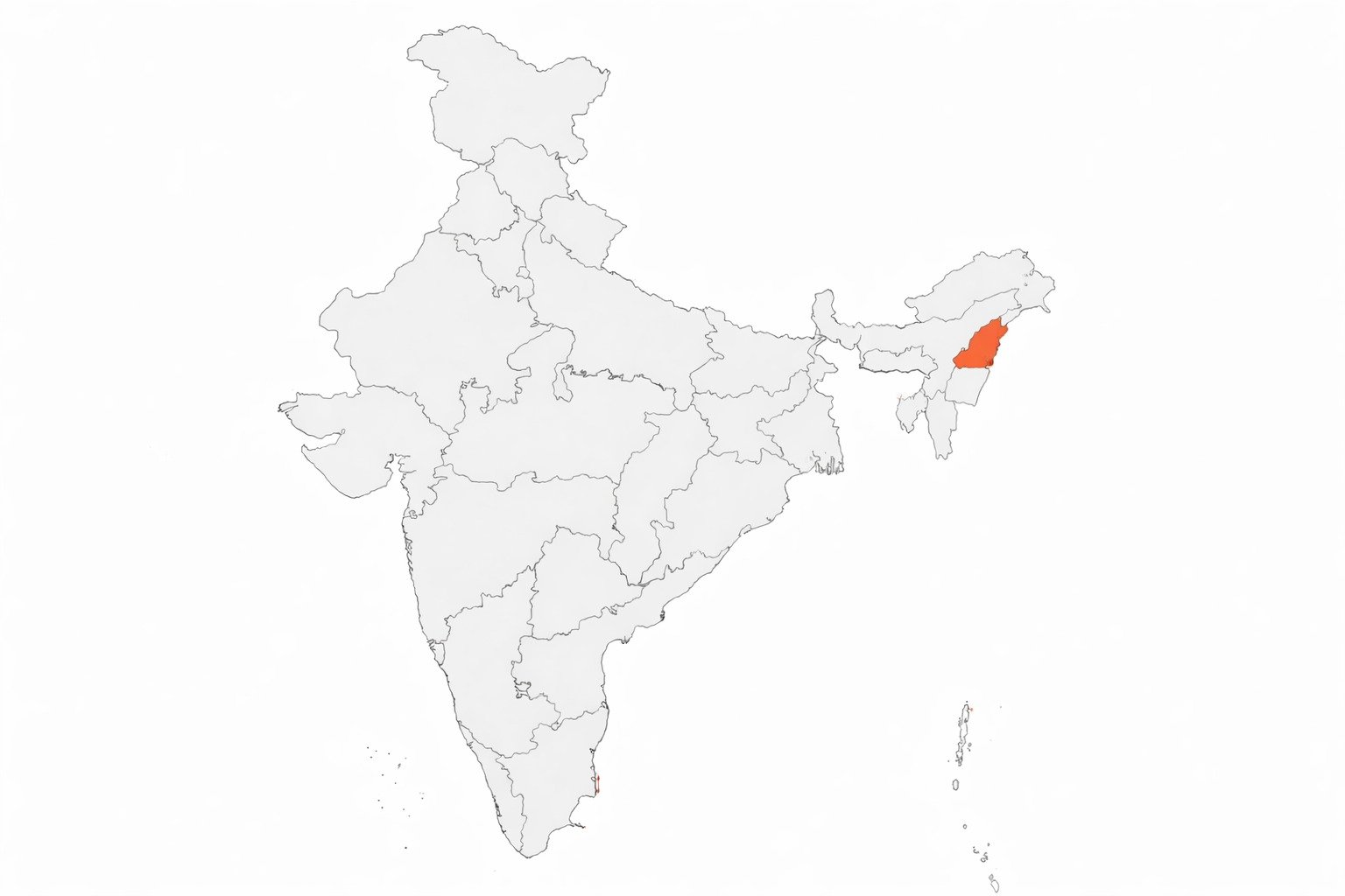 Blank political map of India, Nagaland highlighted in bold color in northeastern region