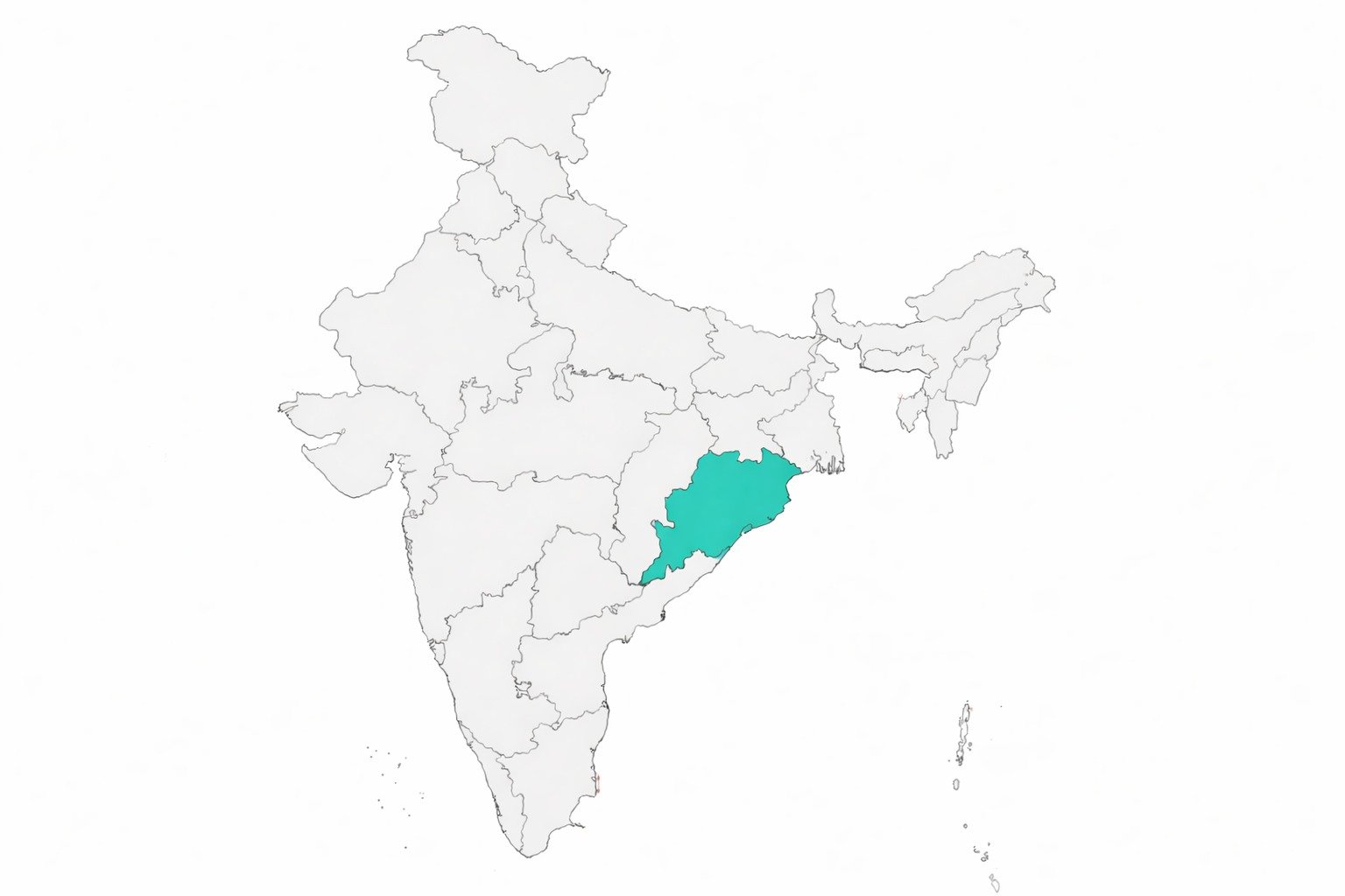 Blank political map of India, Odisha highlighted in vivid color on eastern coastline