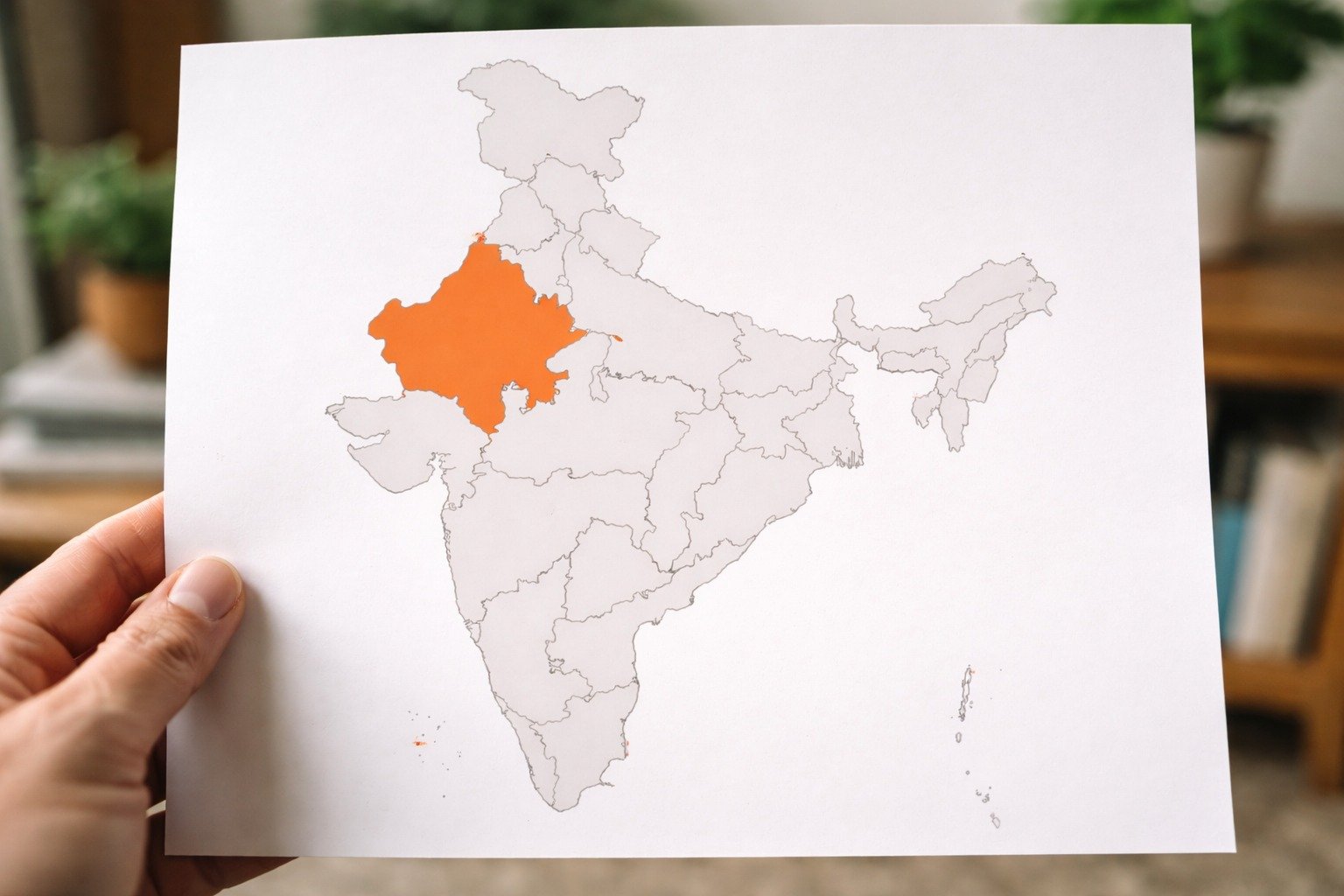 Blank political map of India, Rajasthan highlighted in bold color in northwestern India