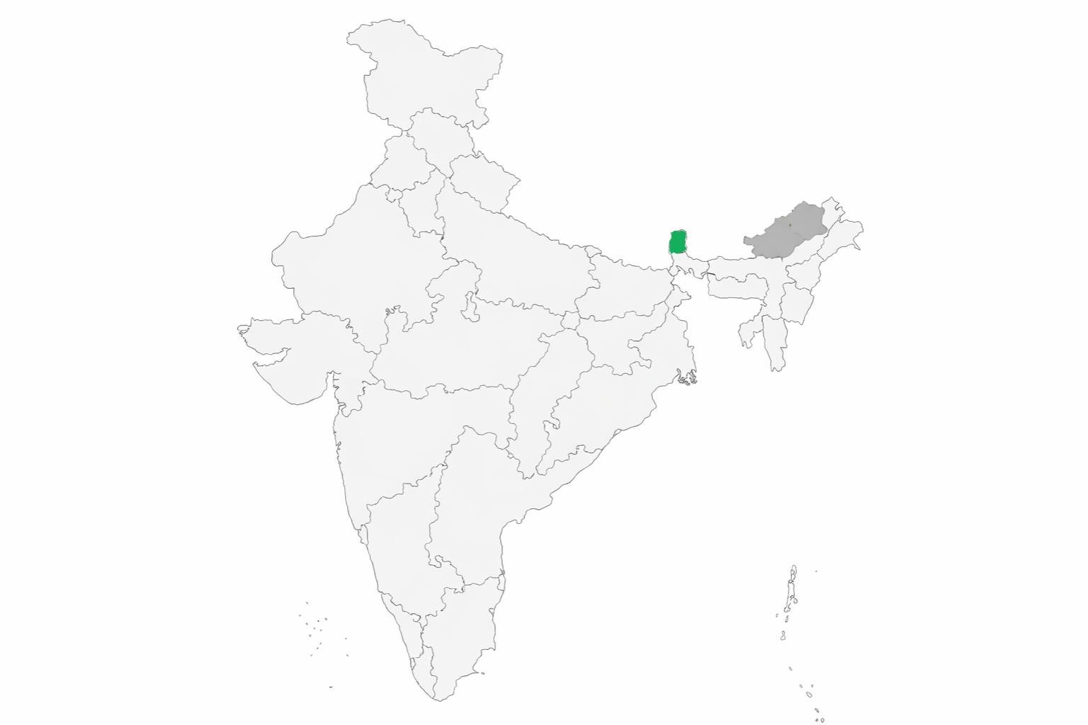 Blank political map of India, Sikkim highlighted in bright contrasting color in northeastern Himalayan region