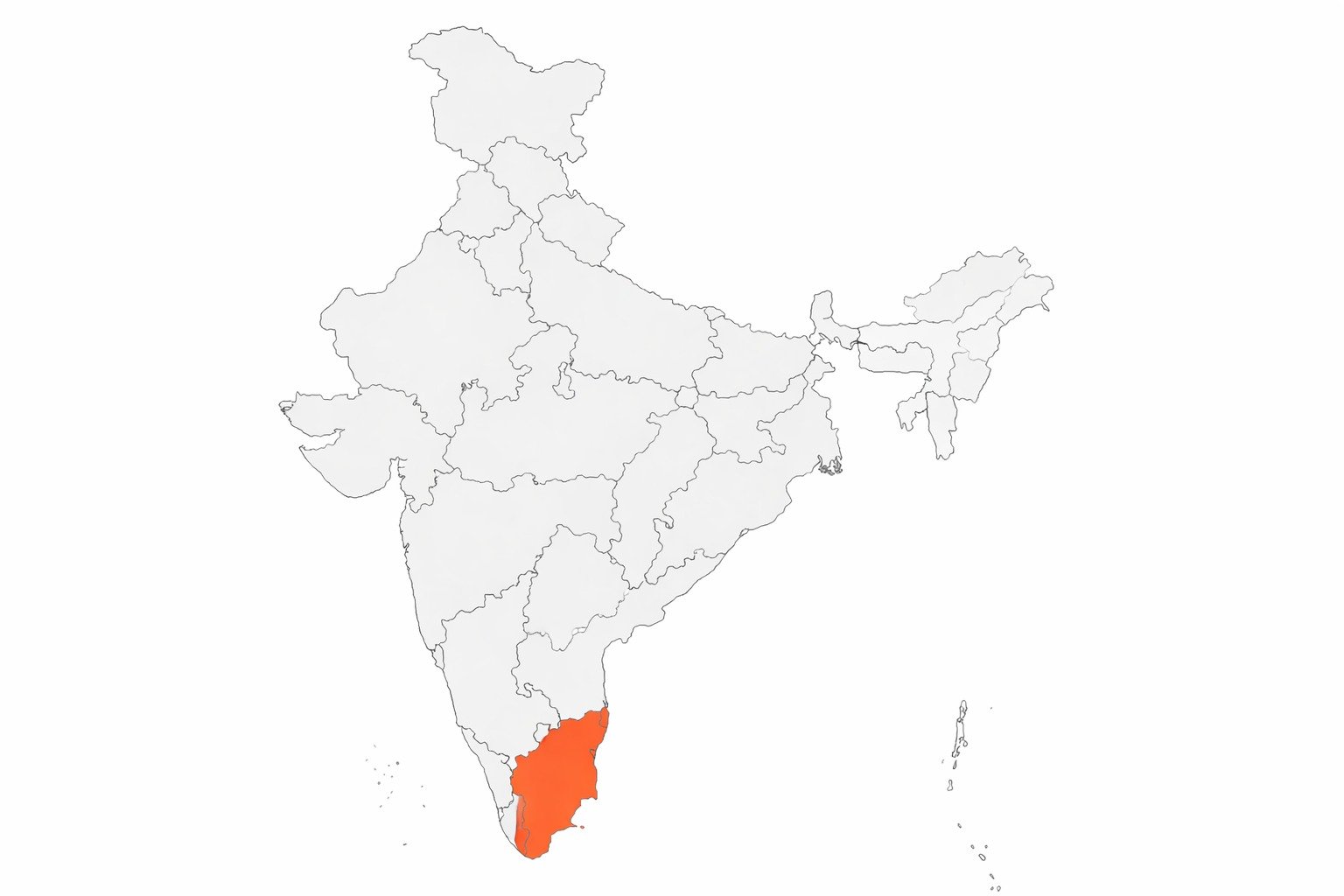Blank political map of India, Tamil Nadu highlighted in vivid color in southern tip of India