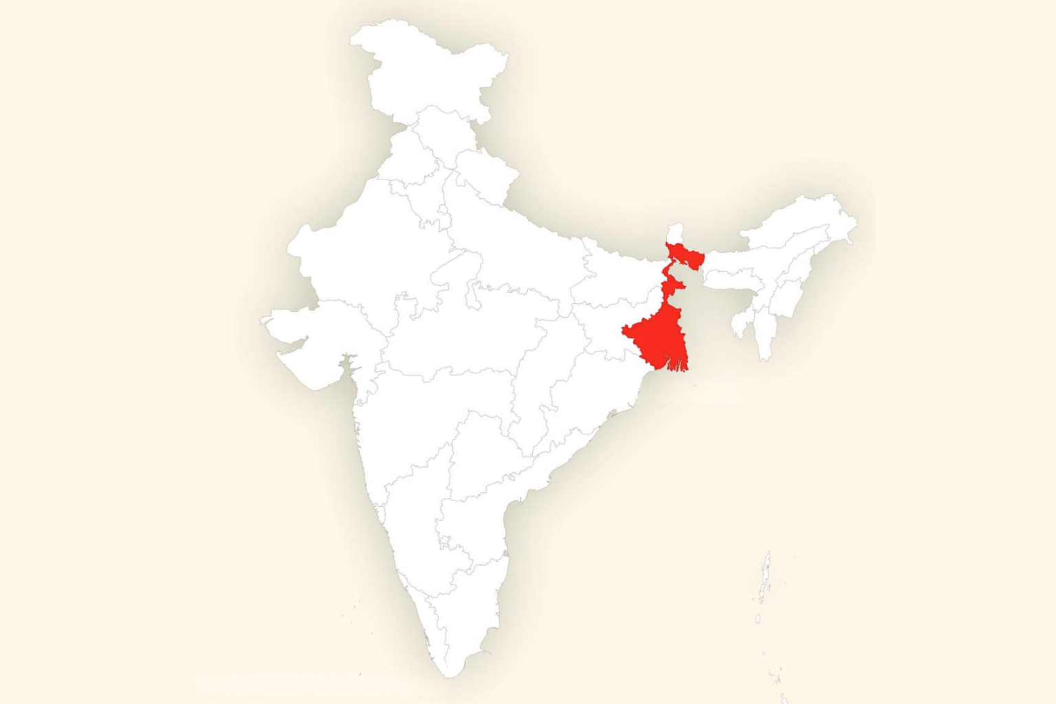 Blank political map of India, West Bengal highlighted in bright color in eastern India