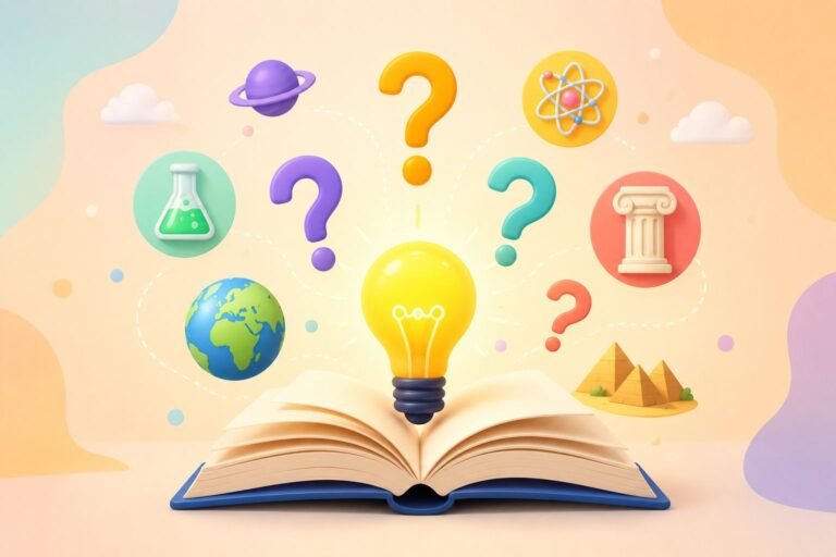 Open book and lightbulb with question marks illustrating a trivia quiz